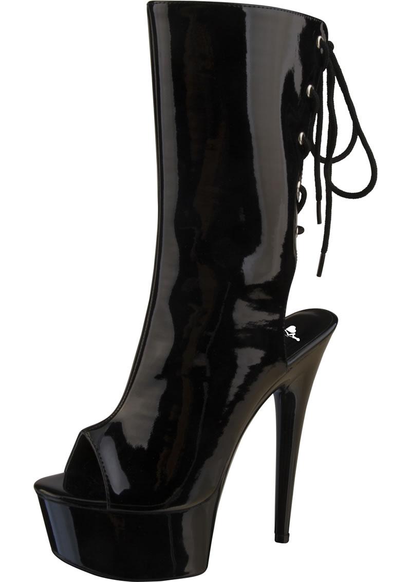 6" Black Patent Platform Laceup Knee High Boot-Size 11