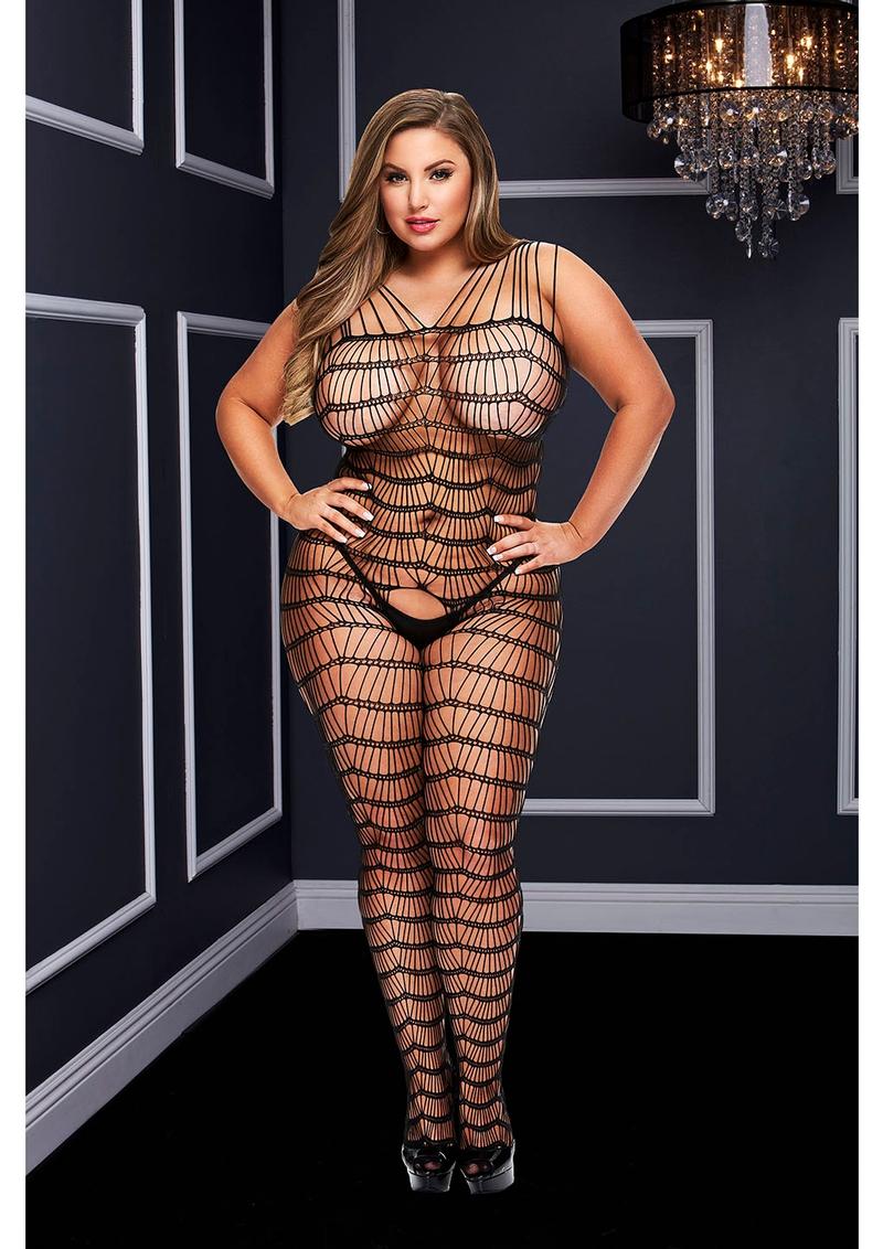 Criss Cross Crotchless Bodystocking-Black-Queen Size