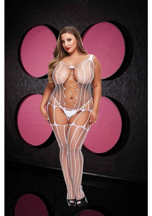 Criss Cross Bodystocking With Garters-White-Queen