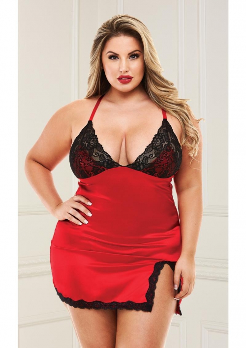 2pc Lace And Satin Chemise With Panty- Red-Queen