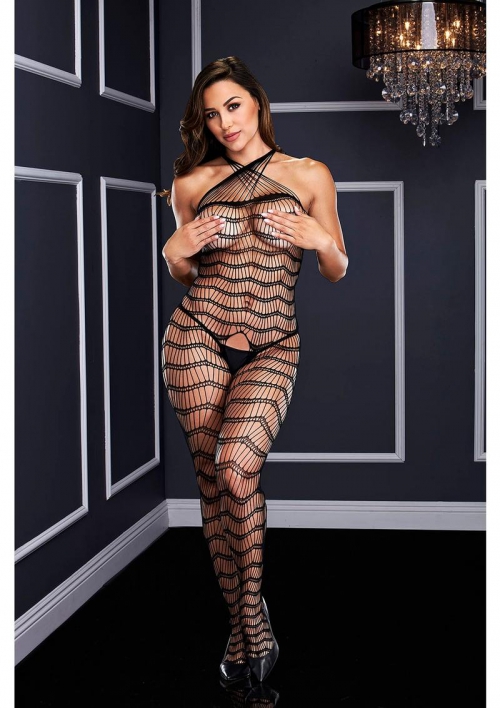 Criss Cross Crotchless Bodystocking-Black-One Size