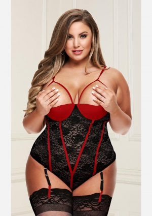 Lace Teddy With Garters-red-q