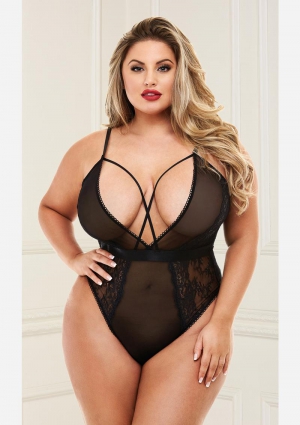 Strappy Teddy With Deep V-Black-Queen