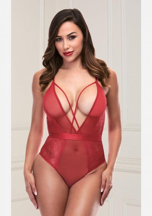 Strappy Teddy With Deep V-Red-Medium/Large