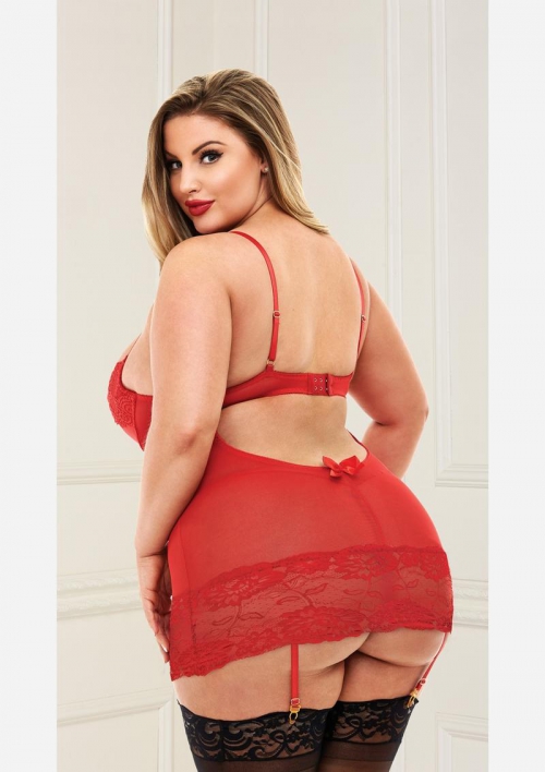 Open Cup Chemise With Garters-Red-Queen