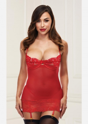 Open Cup Chemise With Garters-Red-Small/Medium